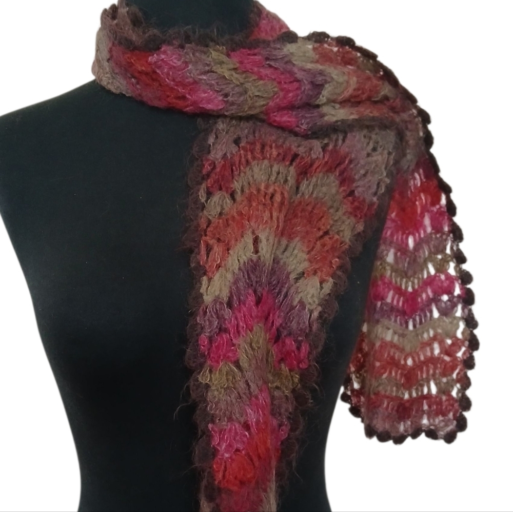 Multi-color Zigzag Knit Scarf Cozy Mohair-Wool Lace Scalloped Hem NO Itch - Picture 8 of 8